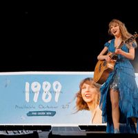 Taylor Swift performing on her Eras Tour at SoFi Stadium in Los Angeles, California