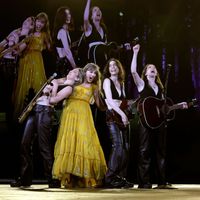 Taylor Swift performing on her Eras Tour at SoFi Stadium in Los Angeles, California