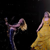 Taylor Swift performing on her Eras Tour at SoFi Stadium in Los Angeles, California