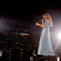 Taylor Swift performing on her Eras Tour at SoFi Stadium in Los Angeles, California