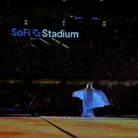 Taylor Swift performing on her Eras Tour at SoFi Stadium in Los Angeles, California