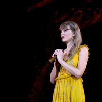 Taylor Swift performing on her Eras Tour at SoFi Stadium in Los Angeles, California