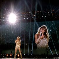 Taylor Swift performing on her Eras Tour at SoFi Stadium in Los Angeles, California