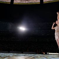 Taylor Swift performing on her Eras Tour at SoFi Stadium in Los Angeles, California