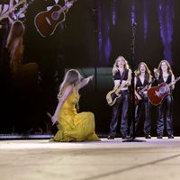 Taylor Swift performing on her Eras Tour at SoFi Stadium in Los Angeles, California