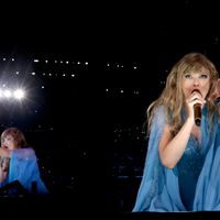 Taylor Swift performing on her Eras Tour at SoFi Stadium in Los Angeles, California