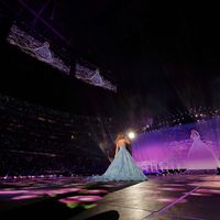 Taylor Swift performing on her Eras Tour at SoFi Stadium in Los Angeles, California