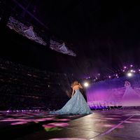 Taylor Swift performing on her Eras Tour at SoFi Stadium in Los Angeles, California